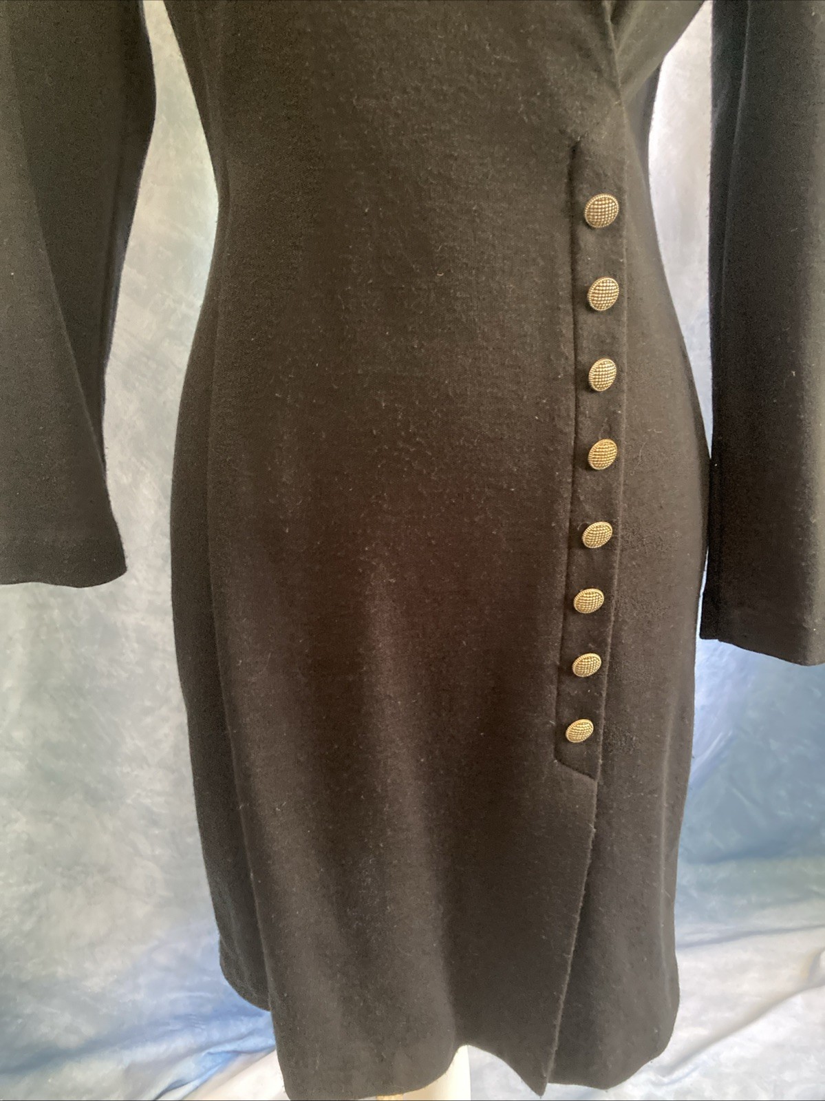 Vtg 80s All That Jazz Black Knit Dress Shoulder Pads Gold Button XS USA 5/6 LBD