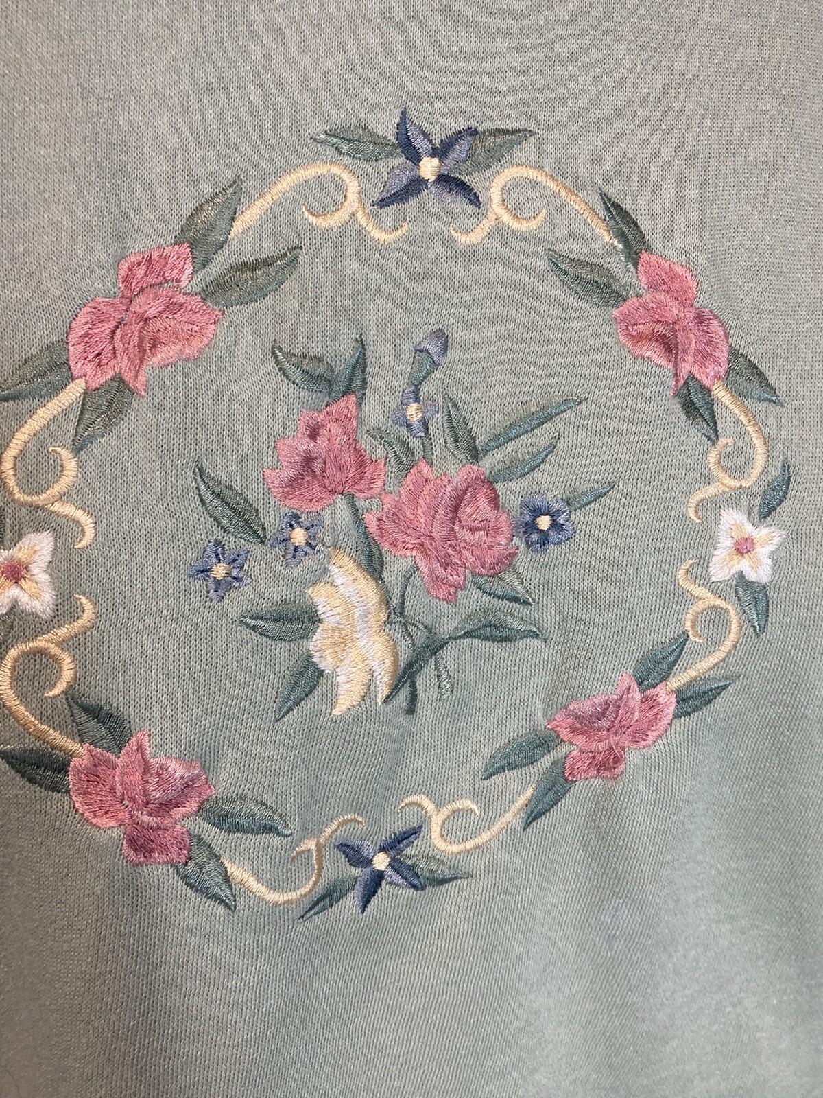 Vintage 90s Westport Embroidered Grandma Sweater Mint Green Floral Large Collar