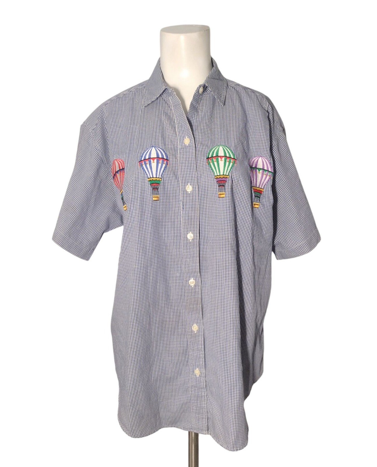 Vintage Embroidered Hot Air Balloon Gingham Check Shirt 8 Button Short Sleeve