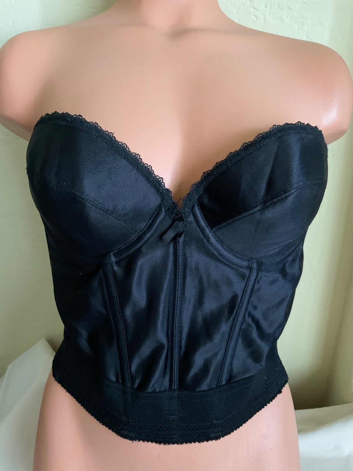 Vintage Strapless Silky Black Boned Bra Corset Bustier Shapewear 36B