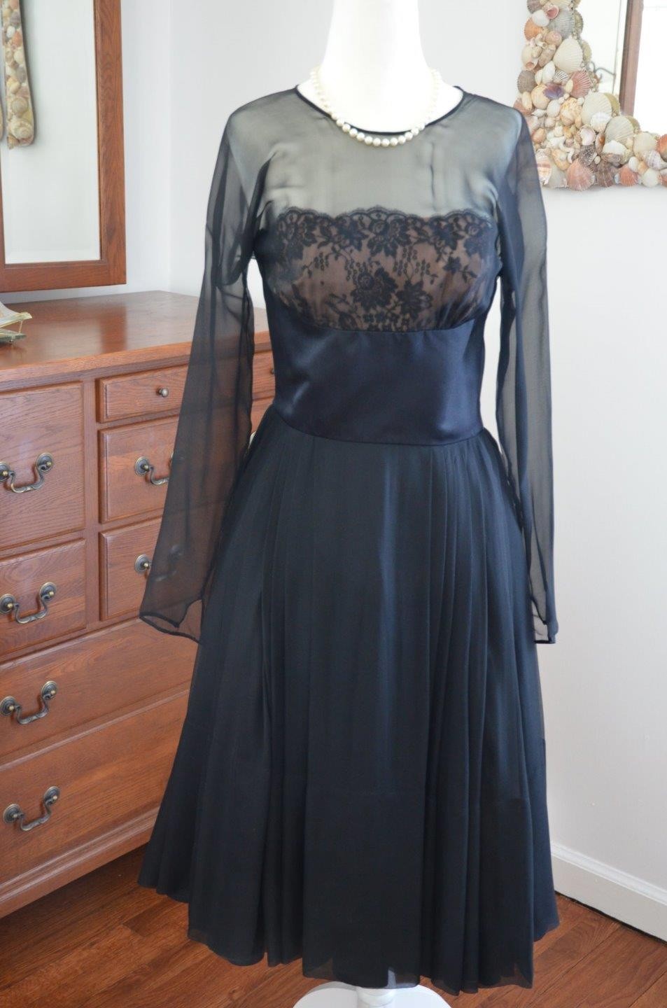 Vintage 50s Silk Chiffon & Satin Shelf Bust Illusion Full Skirt Party Dress! XS