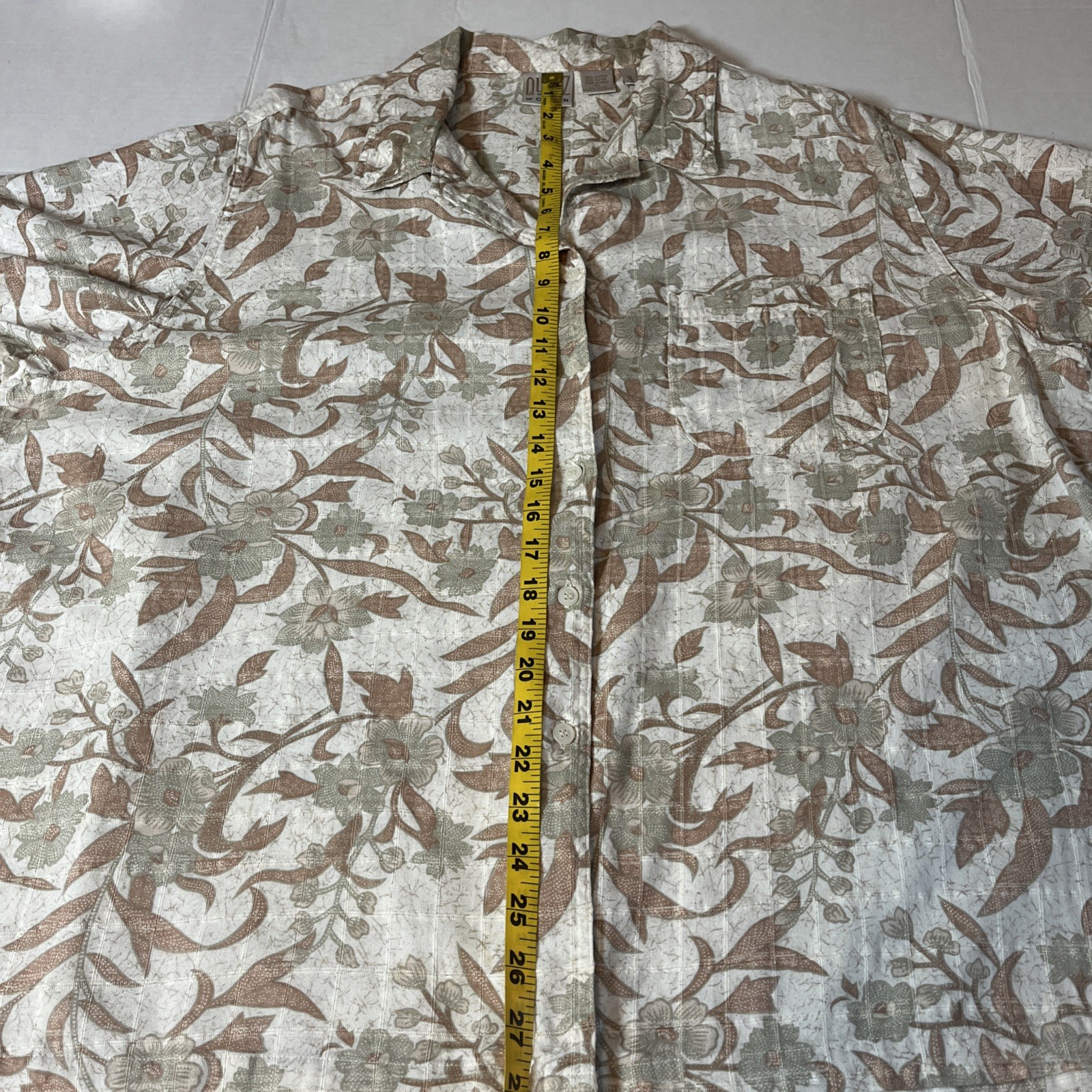 1990s Quizz New York Blouse Womens 22 Tan Green Floral Cotton Blend Button Up