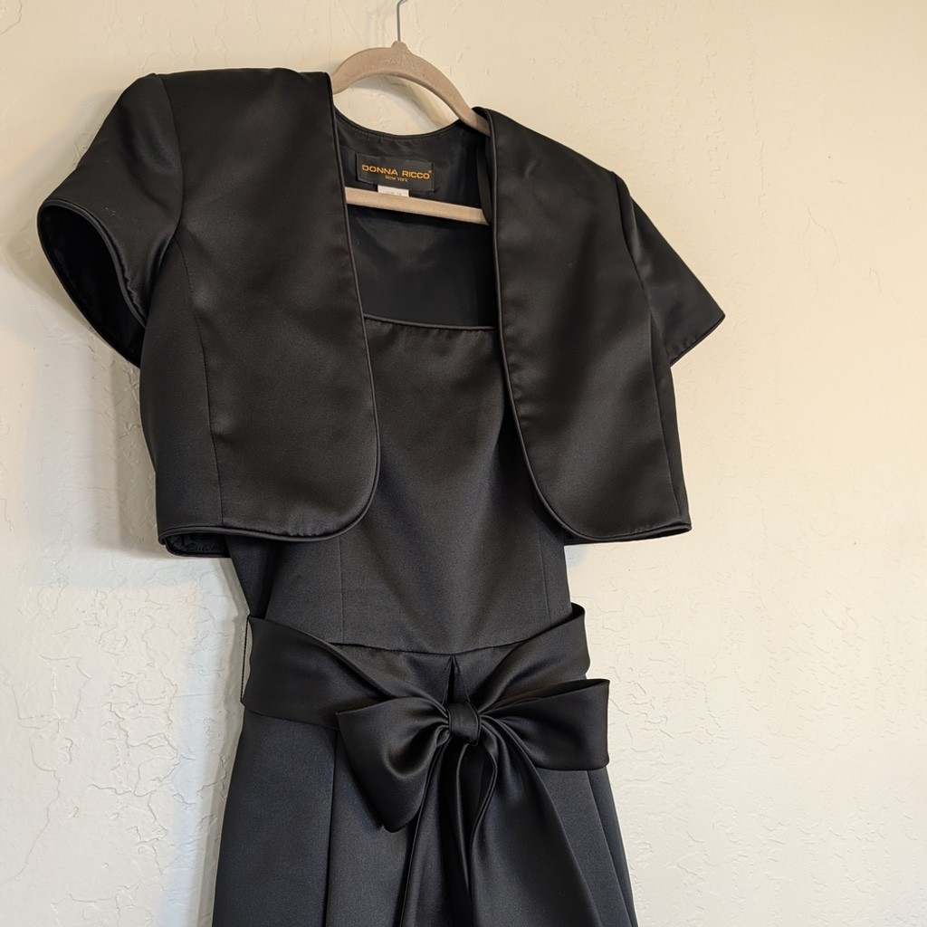 VTG LBD Two Piece Satin Bow Dress Bolero Jacket Cocktail Evening Formal Midi