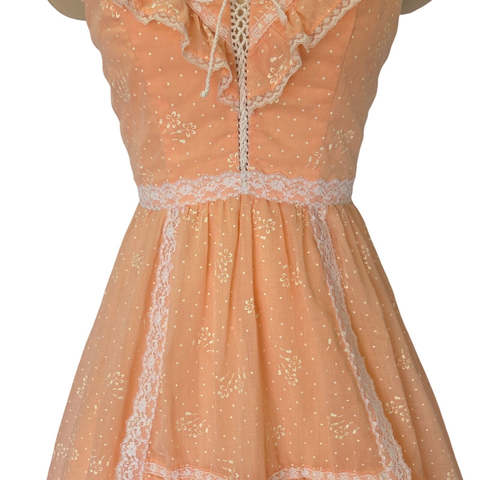 Candi Jones Vintage 70s Prairie Midi Dress Size S 9 Peach Pink Corset Lace Up