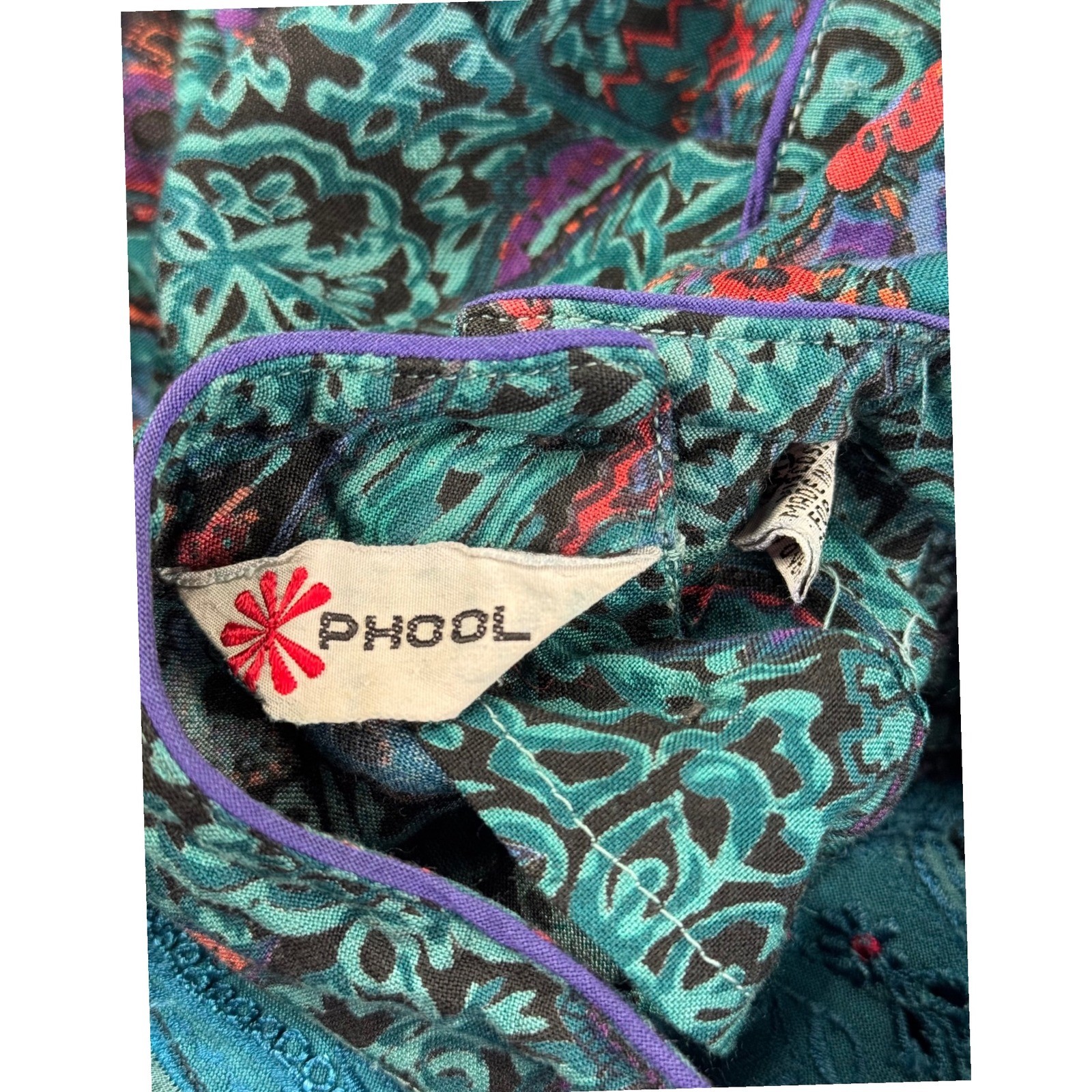 Vintage Phool Paisley Midi Dress Teal Purple Mock Neck Short Sleeve India M