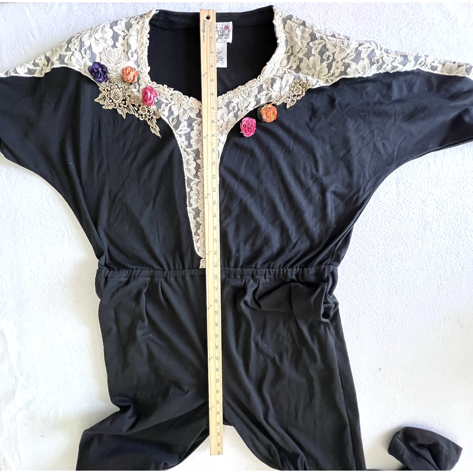 Lacy Afternoon Shell Kepler Jumpsuit Womens L Black Lace Floral Corsage Boho