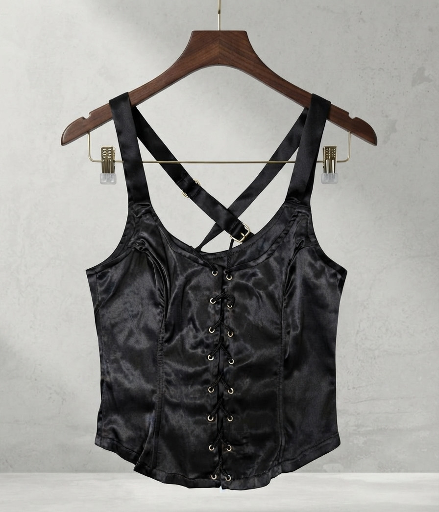 Vintage Frederick’s of Hollywood Black Satin Lace-Up Corset Tank Top Size Small