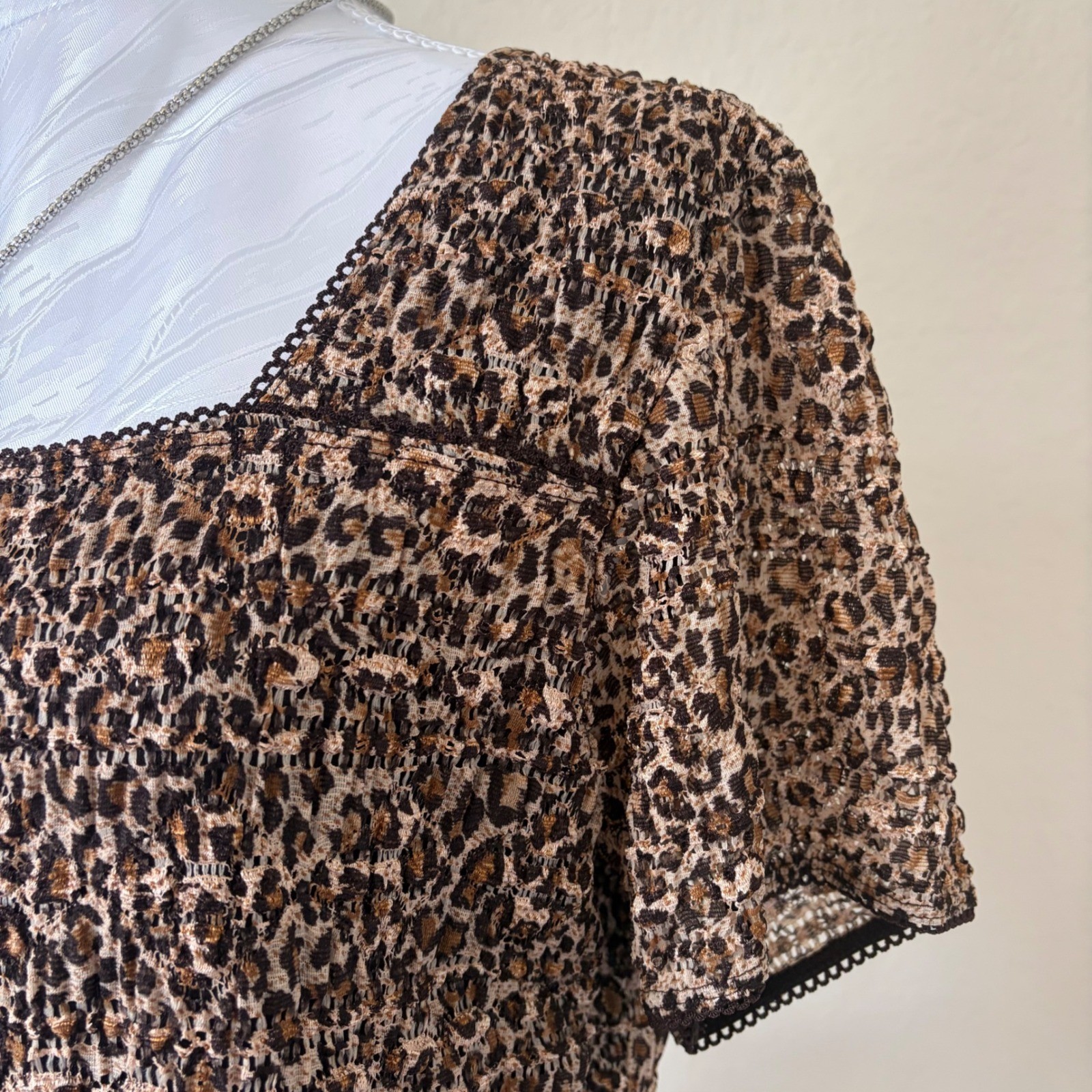 Vintage Y2K East 5th Leopard Print Smocked Blouse Stretch Square Neck Top XL