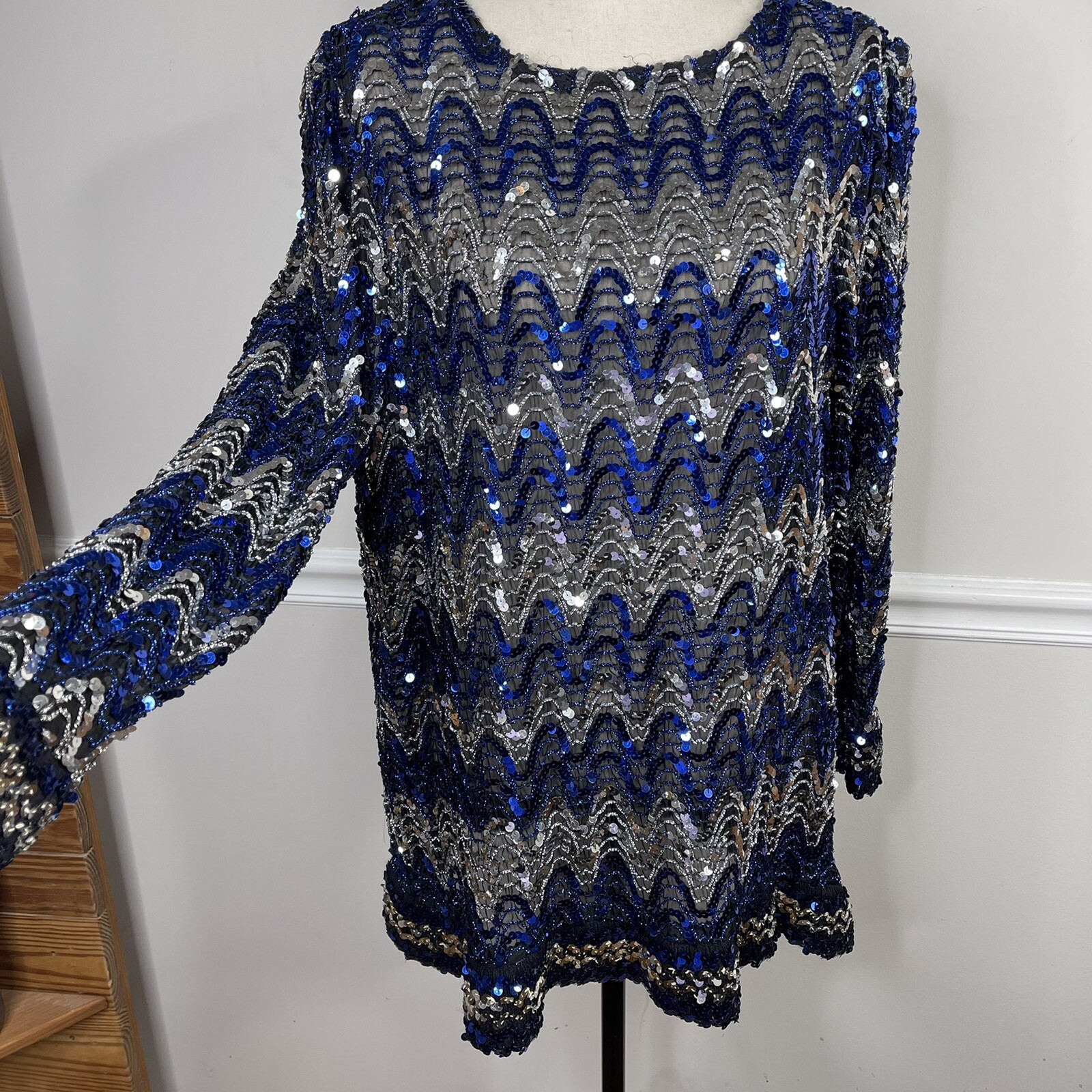 Vintage Rob Hill For Mister Jay 80s Black silver blue Sequin Sleeve Top large