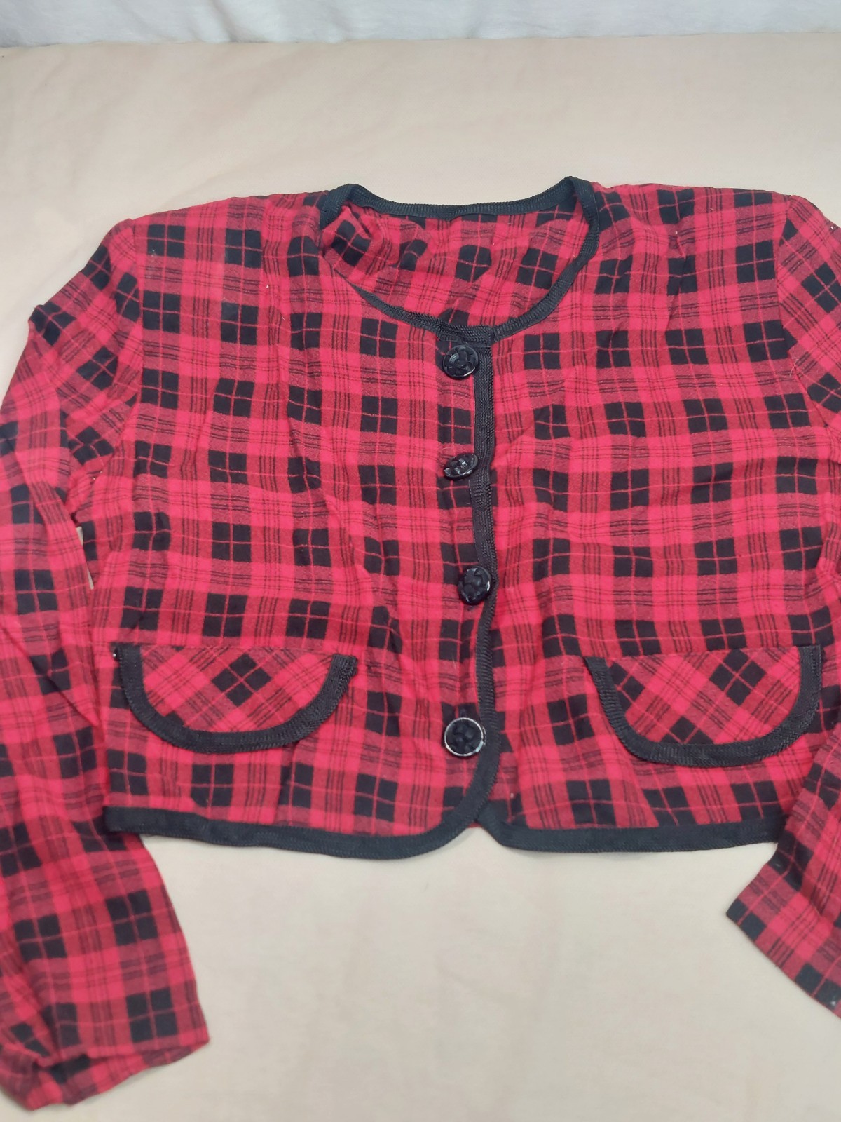 True Vintage 80s 90s Red Black Plaid Crop Top Long Shirt Grunge Y2K Academia