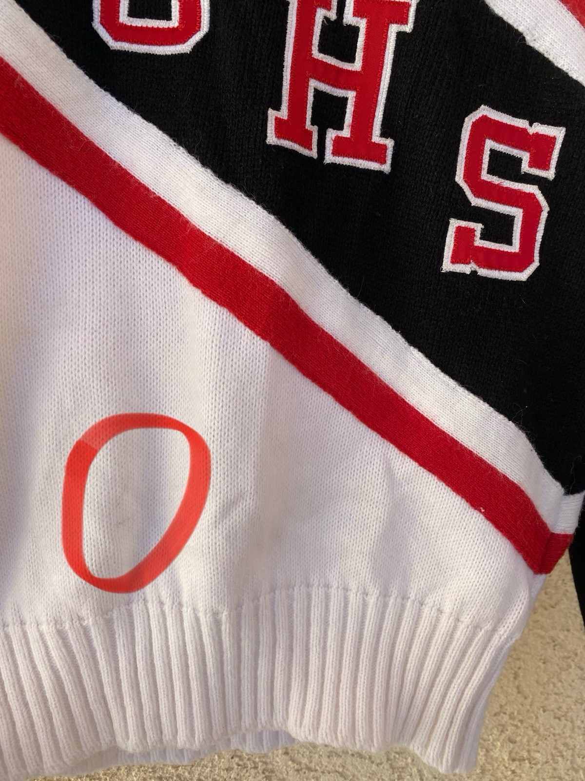 Vintage 80s Dehen Cheerleader Sweater WCHS White Black Red Acrylic Knit Size M