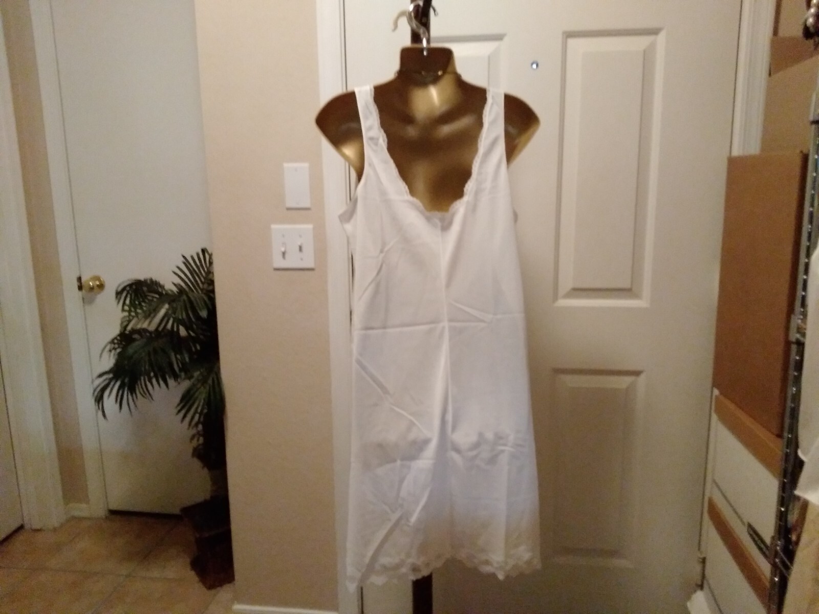Womans Vintage Full Slip Dress Chemise European SZ L White Full Lace Bodice