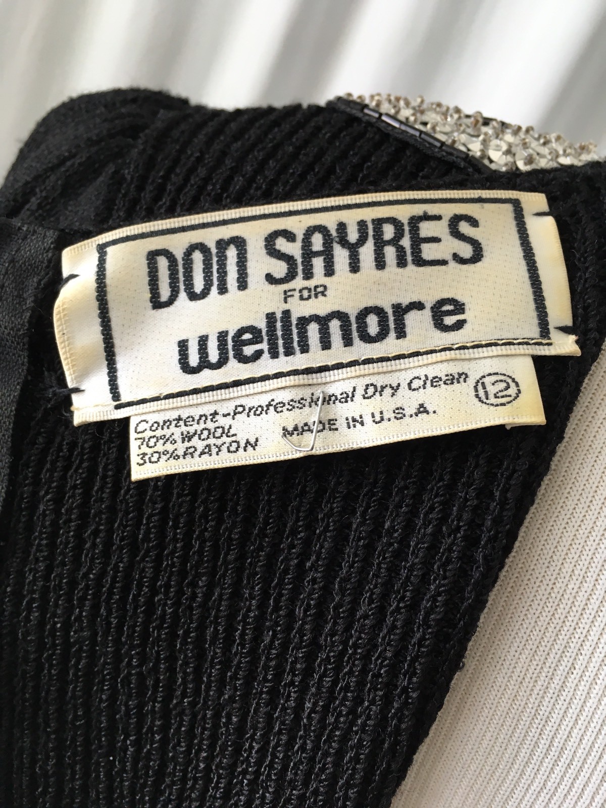 Vintage 70s DON SAYRES Knit black Dress Sequins Bow Bib S/M