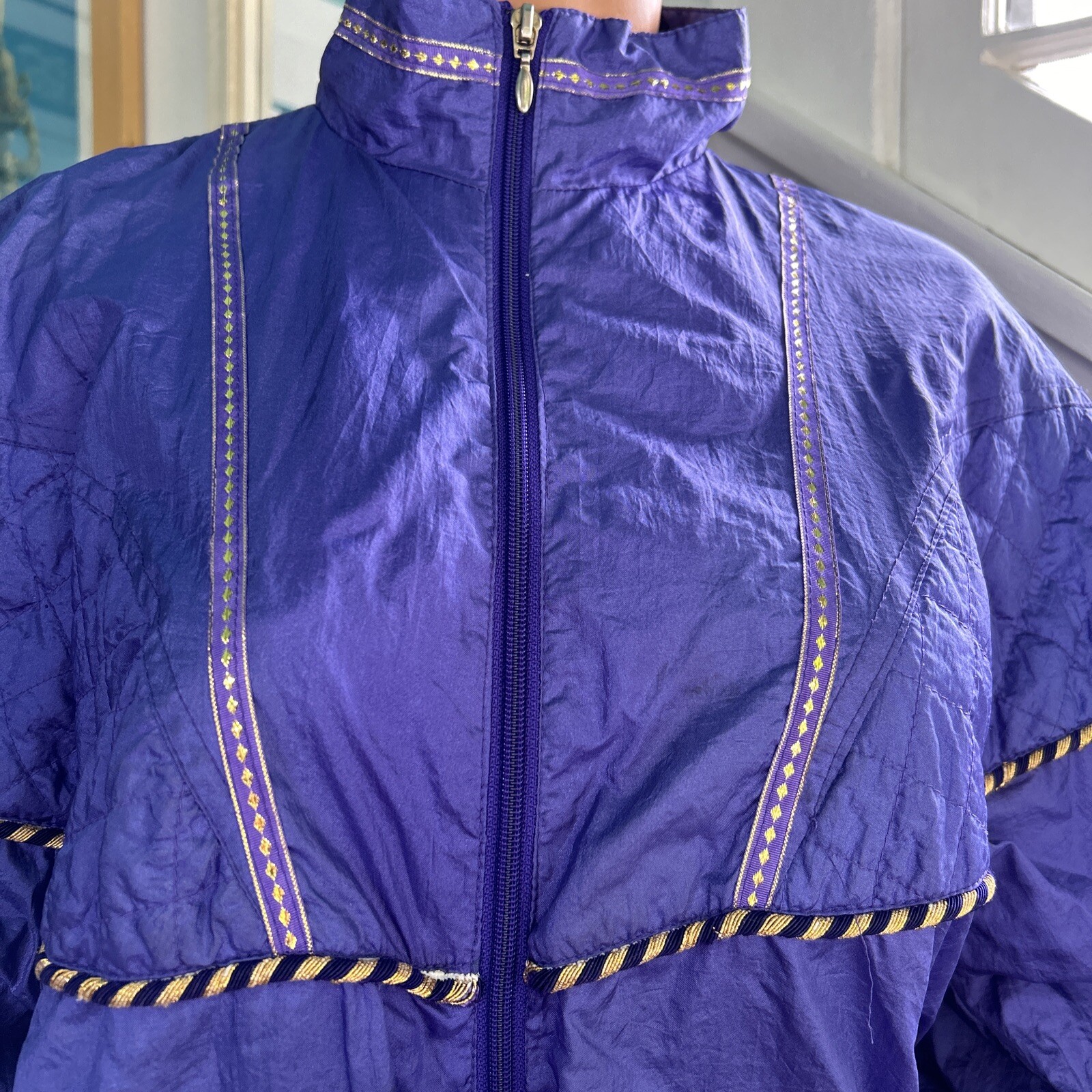 VTG 80s Windbreaker Tracksuit Jacket – Just For Petites Small-Purple Gold Quilt