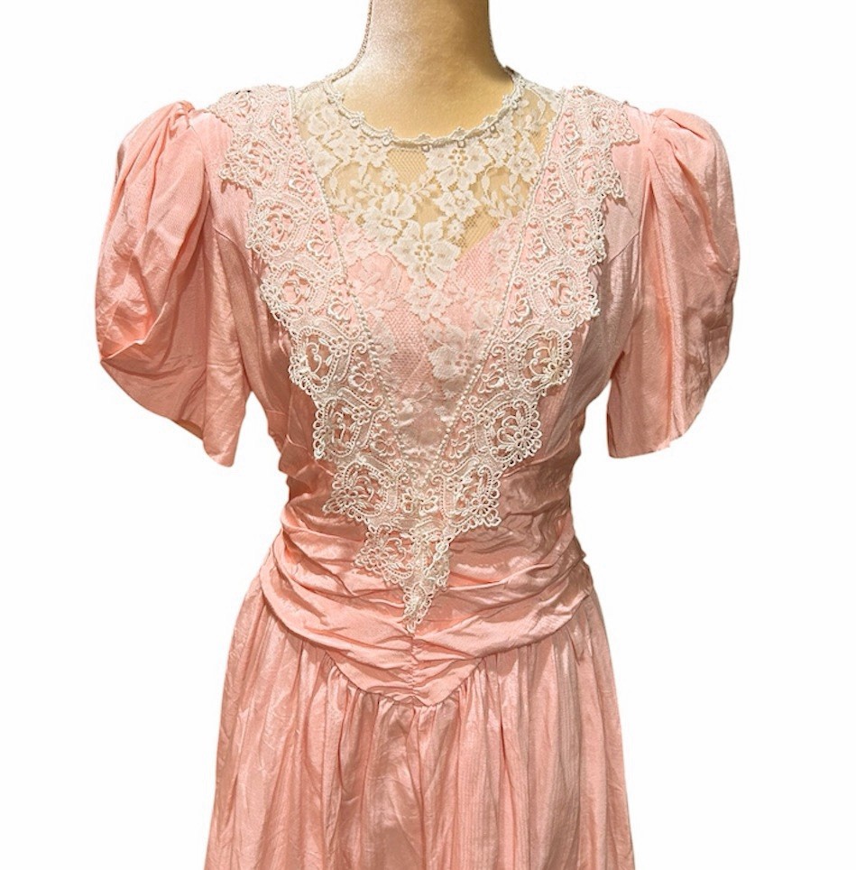Vtg Scott McClintock Taffeta Lace Tea Dress Prom Victorian Peach Sz 14 FlawsREAD