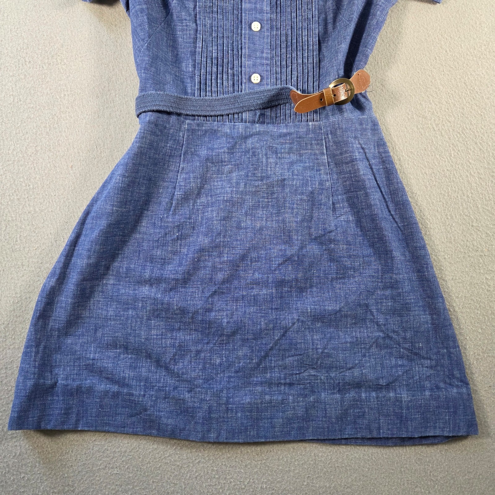 Vintage Mini Dress Womens Small Blue Chambray Pleated Belted Short Sleeve 80s