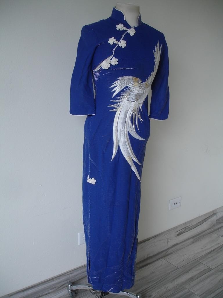 Women’s XS Vtg 1970’s Handmade Embroidered Bird Long Blue Japanese Dress Tokyo