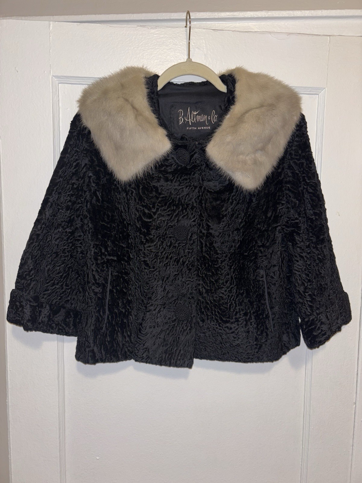 Vintage 50s 60s B. Altman Lambs Fur Coat Mink Collar Crop Medium/Large