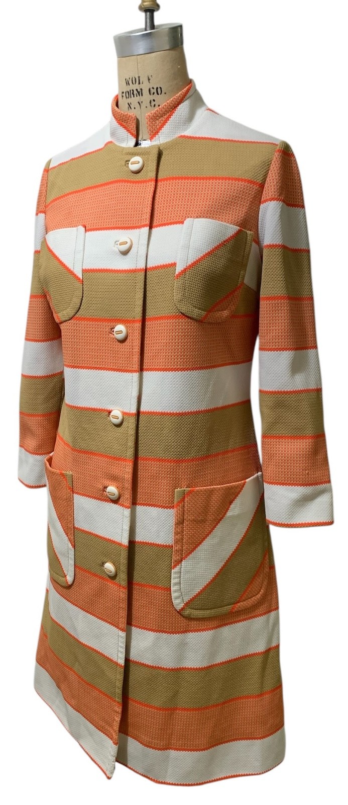 HANBURY LTD. Vintage 70s Women’s Mod Orange Tan White Striped Coat Dress – Sz M