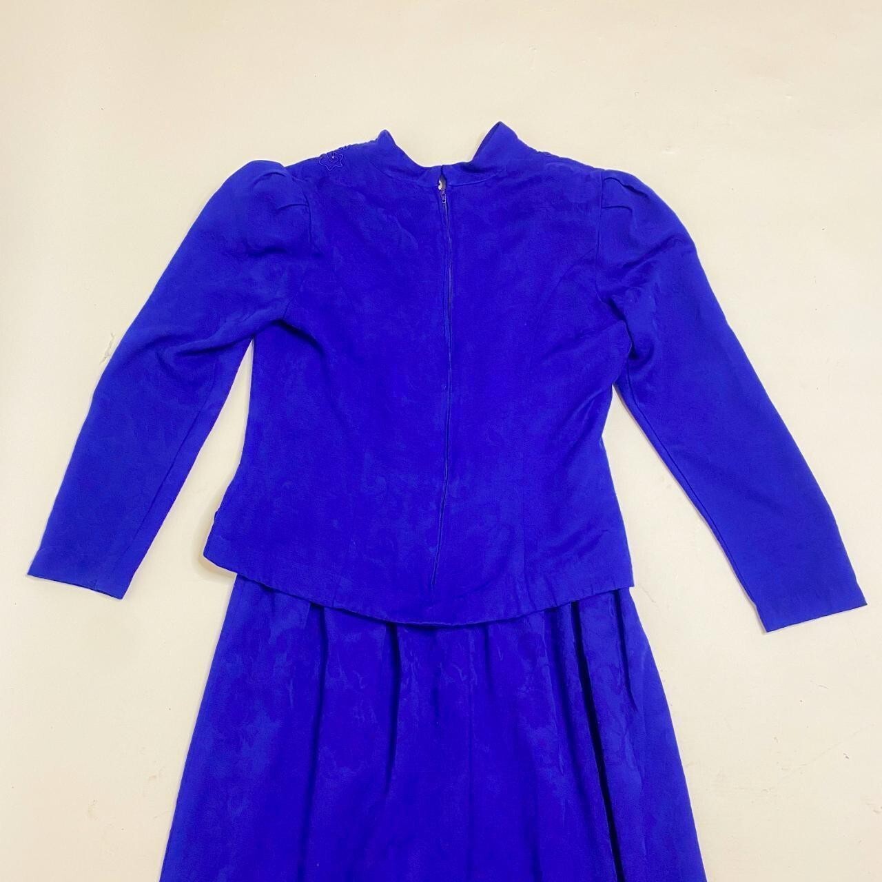 Vintage Blue Dress 1980’s Long sleeved Dress with floral embroidery embellishme
