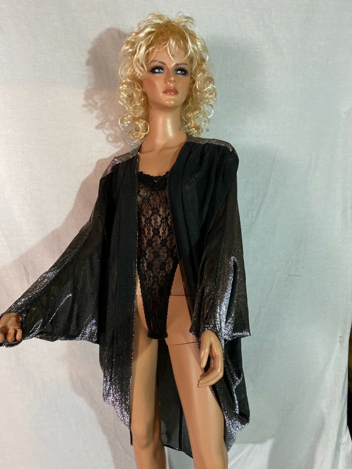 VTG 80s SOHO Black Silver Metallic Cardigan Draped Jacket Batwing Cocoon 1 Sz R