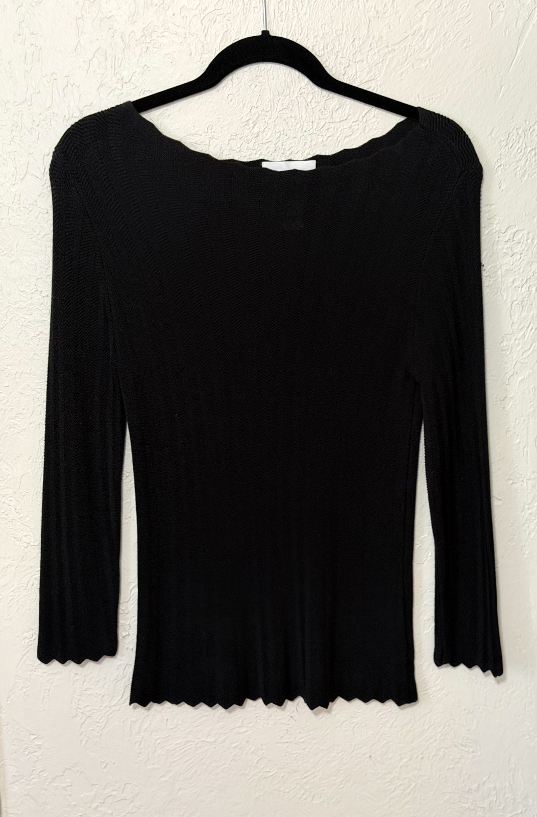 Vintage Rena Rowan Black Ribbed Long Sleeve Scalloped Neckline M