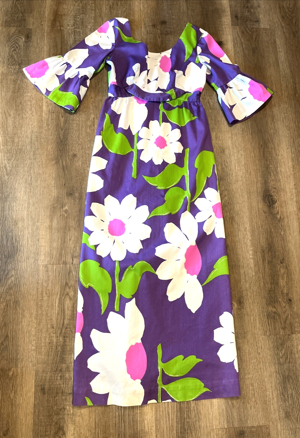 Vintage 1960/70s Malia Honolulu Maxi Dress Purple Large Floral Design Sz. S?