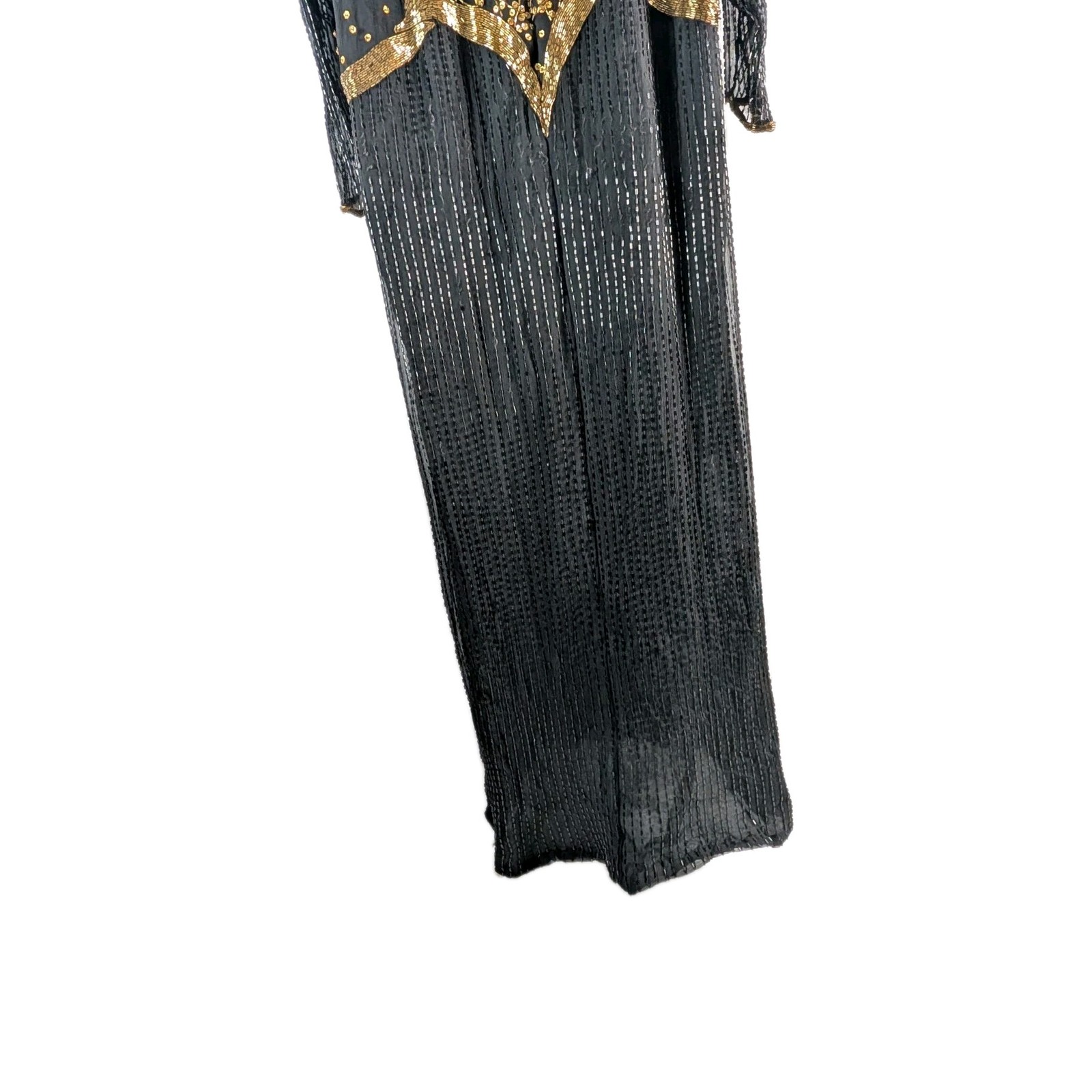 Vtg Landmark Silk Beaded Gown XL, Black Gold Sequin Maxi Dress, Flapper READ