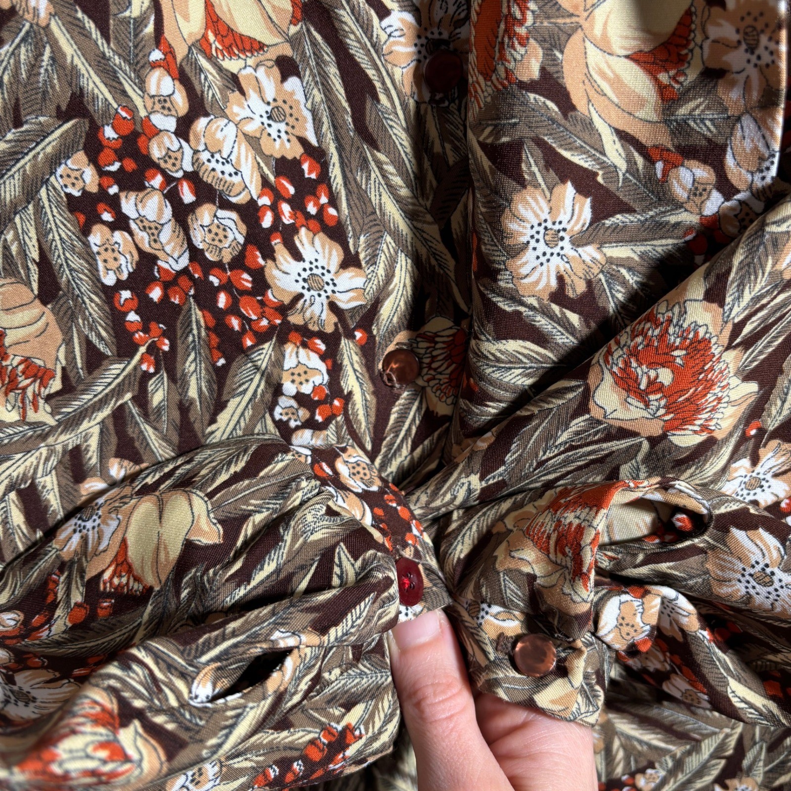 VTG 70s Lady Arrow Floral Pussy Bow Brown Orange Long Sleeve Secretary Top XL