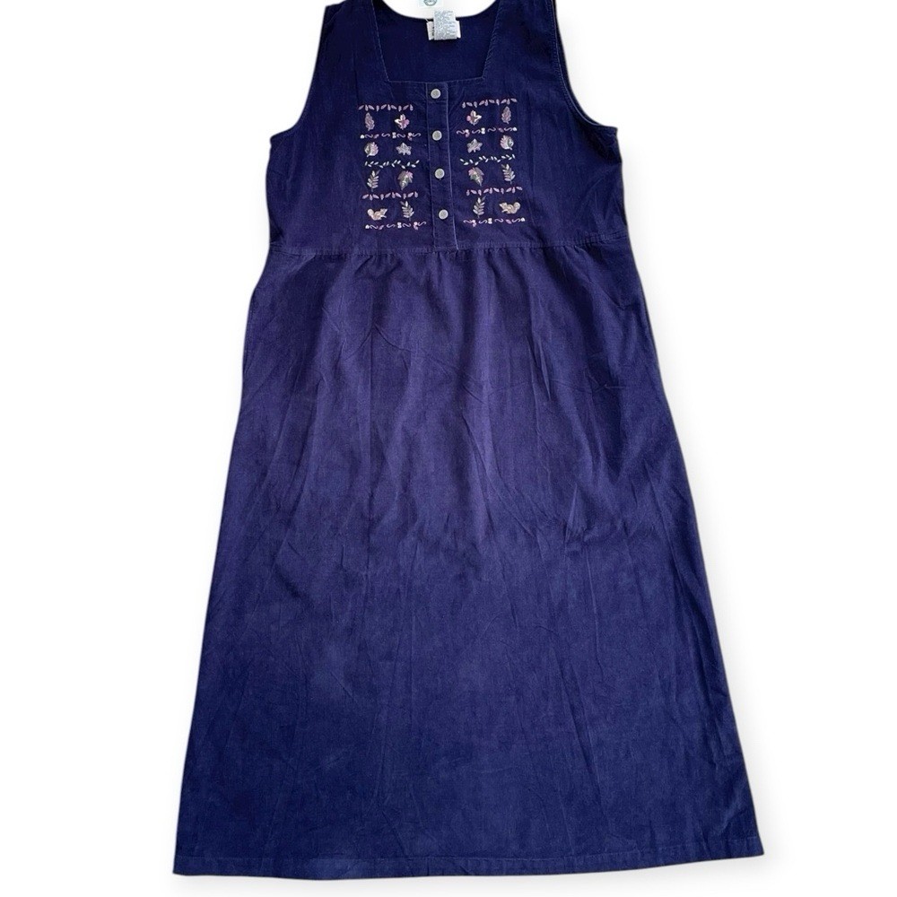 Vintage 90s NWT Northern Reflections Dark Blue Corduroy Embroidered Jumper Dress