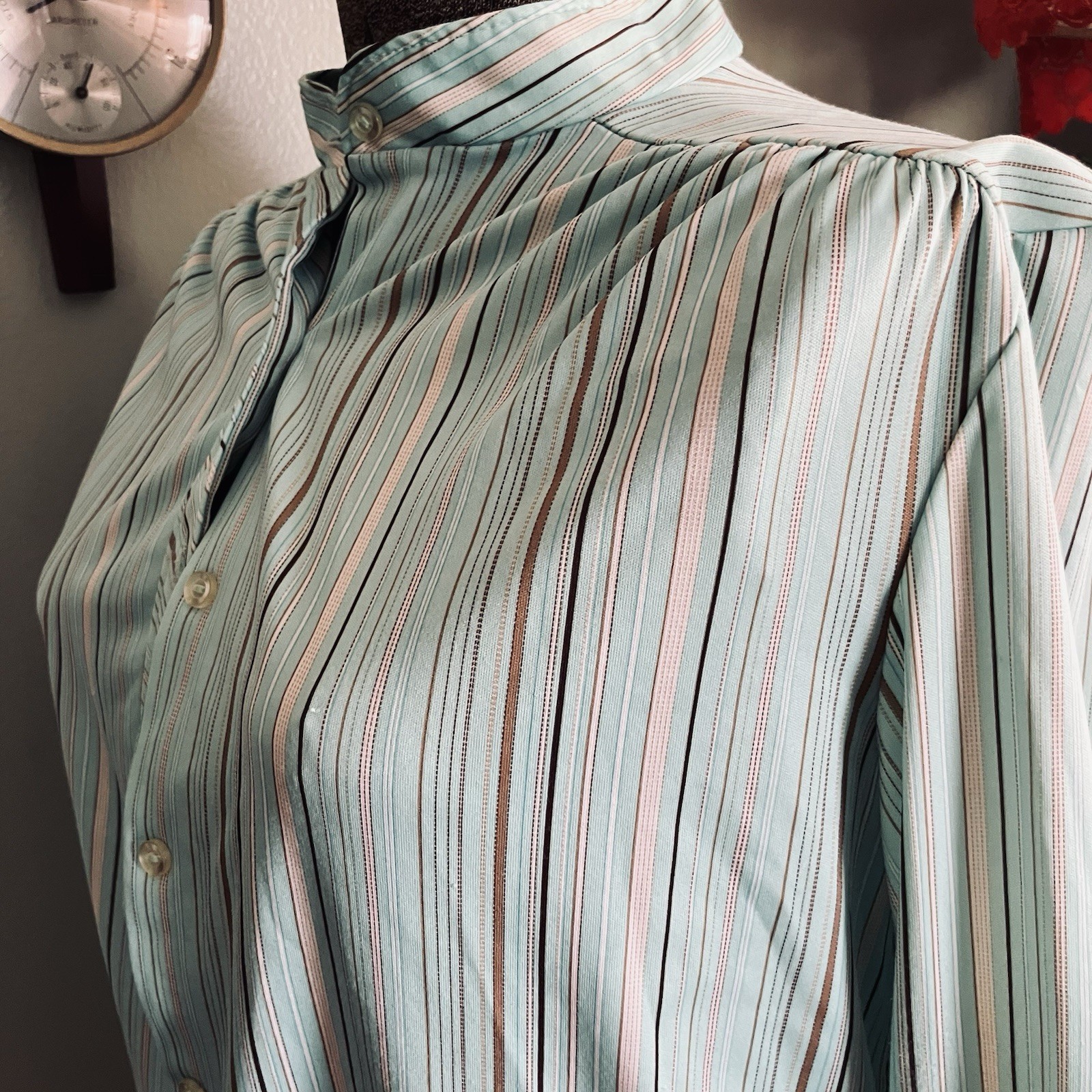 Vtg Shirt 70s Polyester Top Collar Spring Pastel Stripes Pink Aqua Brown M/L
