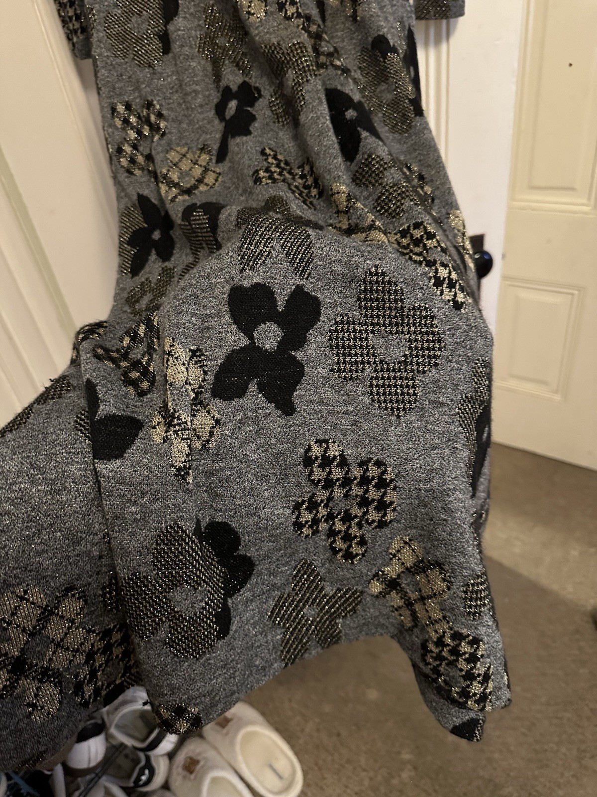 Stunning David Brown, 1970s metallic balloon sleeve houndstooth flower dress