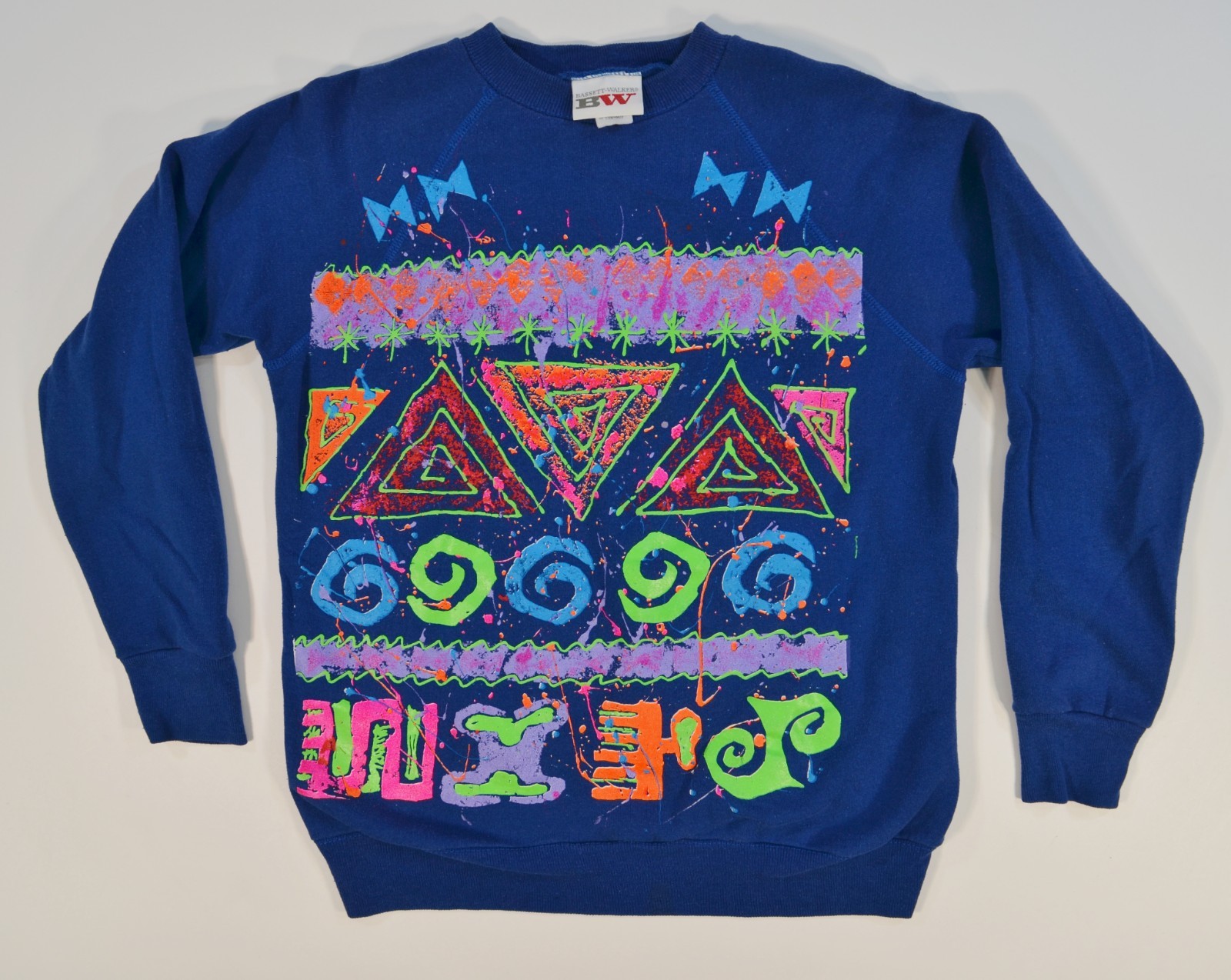 Vintage 80’s 90’s Neon Multi Colored Sweater Sweatshirt Funky Blue Medium