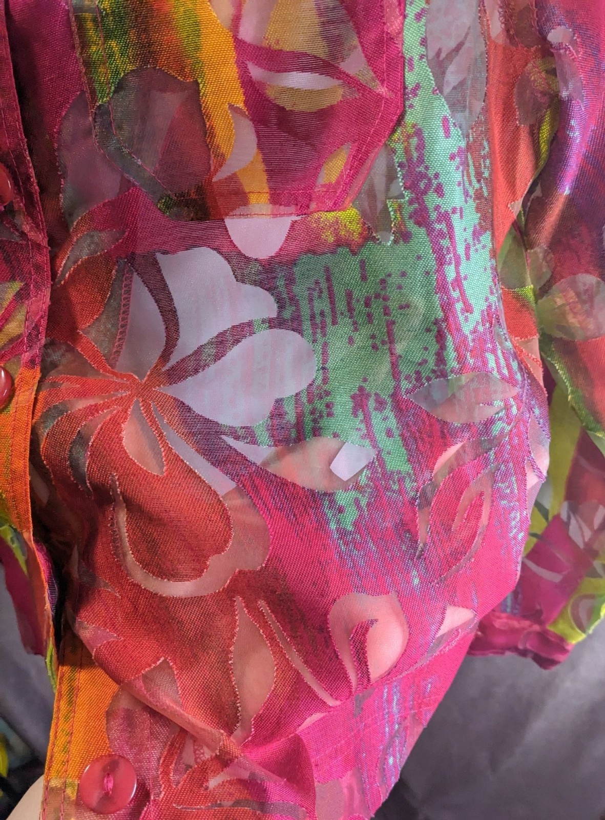 Vintage Sheer Multicolor Floral Button-Up Shirt By Erin London Size S