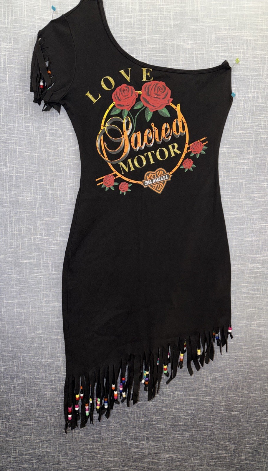 NWT Motorcycle Biker Dress Love Sexy Jnco Beaded Fringe Sacred Asymmetrical M