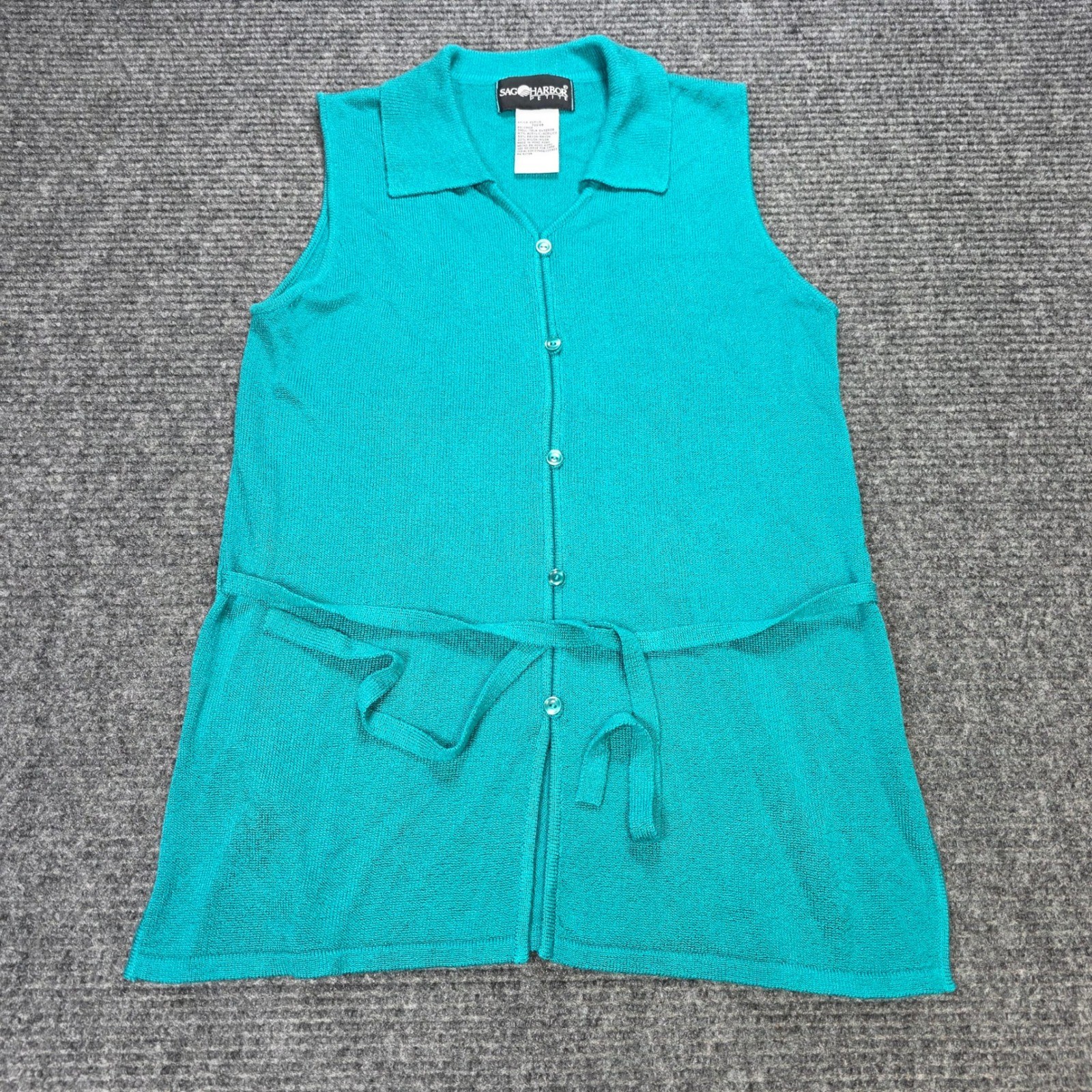Vintage Sag Harbor Sleeveless Button Top Women’s Size PS Turquoise Belted Knit