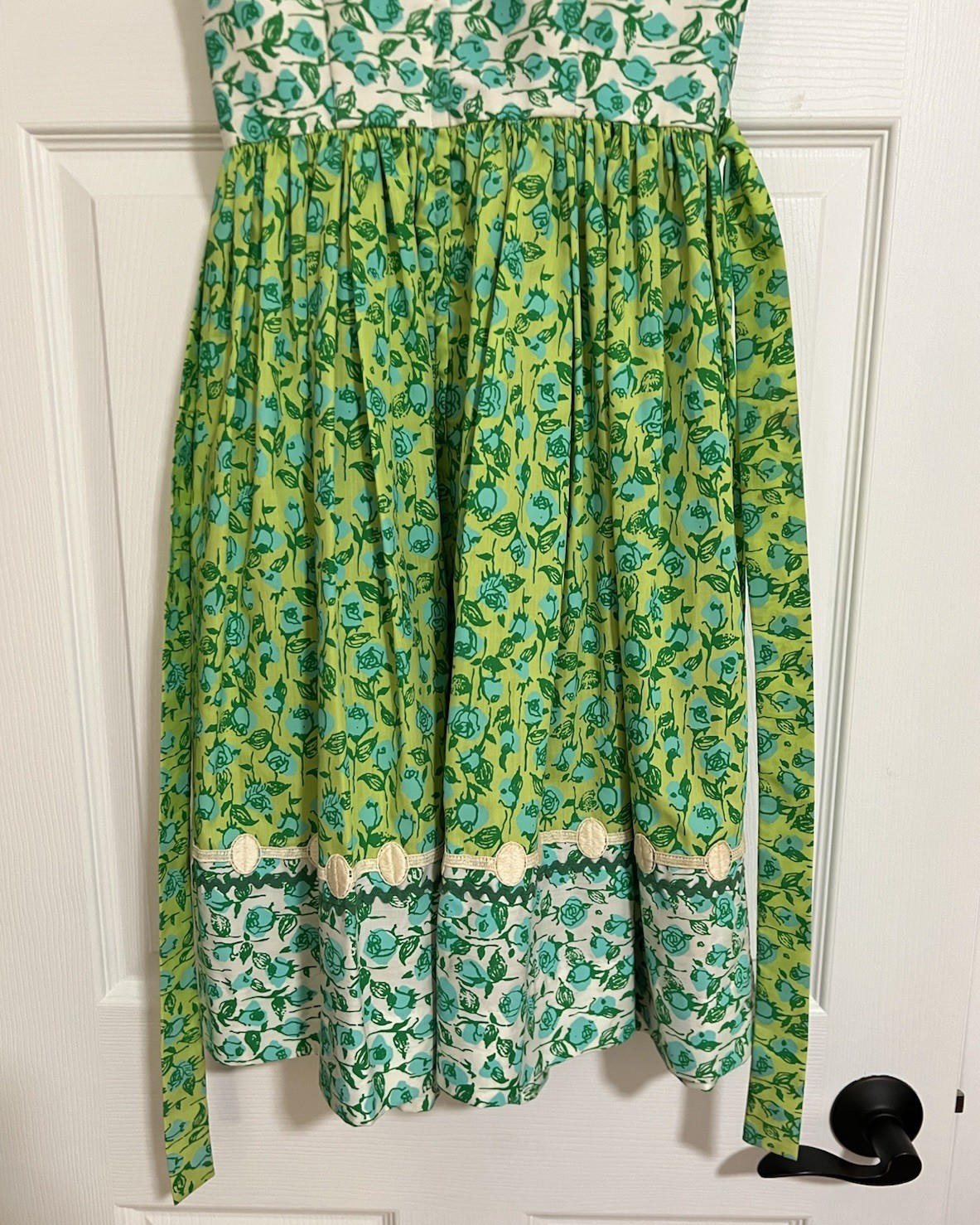 Vintage 1960s Lilly Pulitzer Dress Blue & Green Florals Rickrack Trim Tie Back
