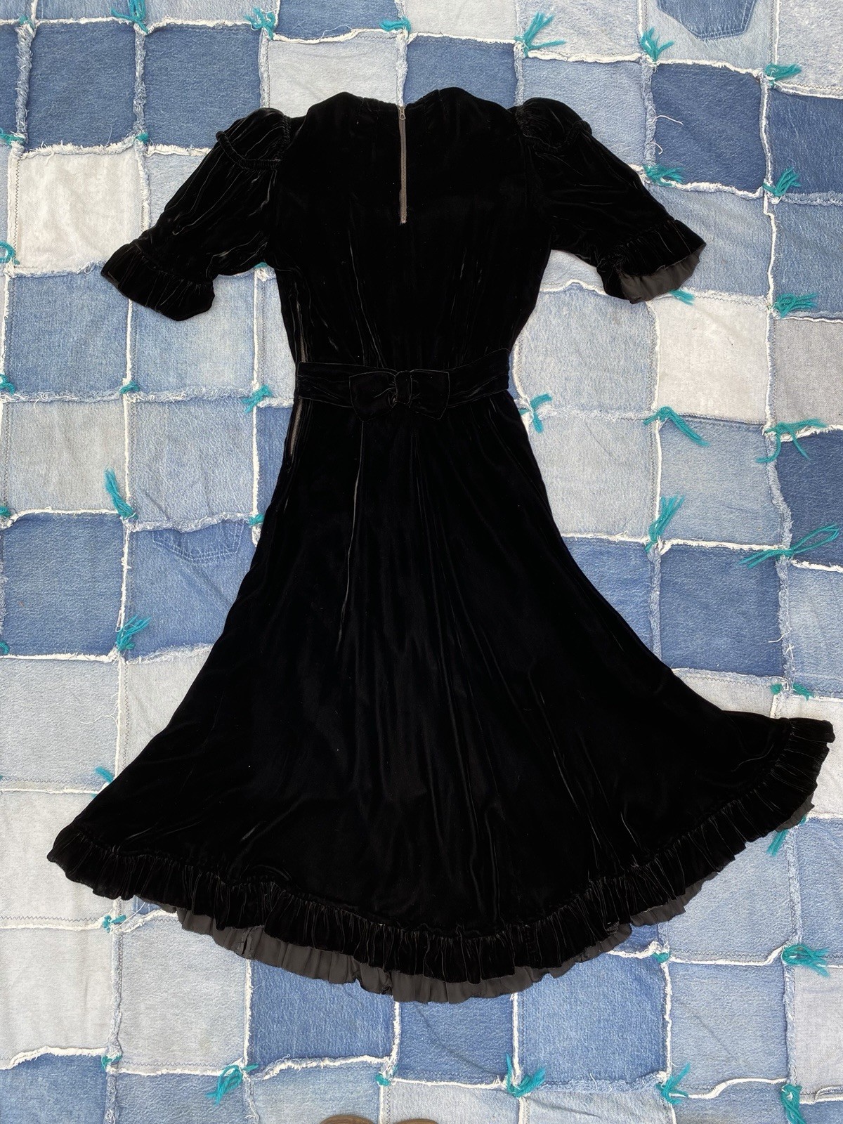 1930s Black Velvet Evening Dress Puff Sleeve Art Deco Gothic Original Zip XS
