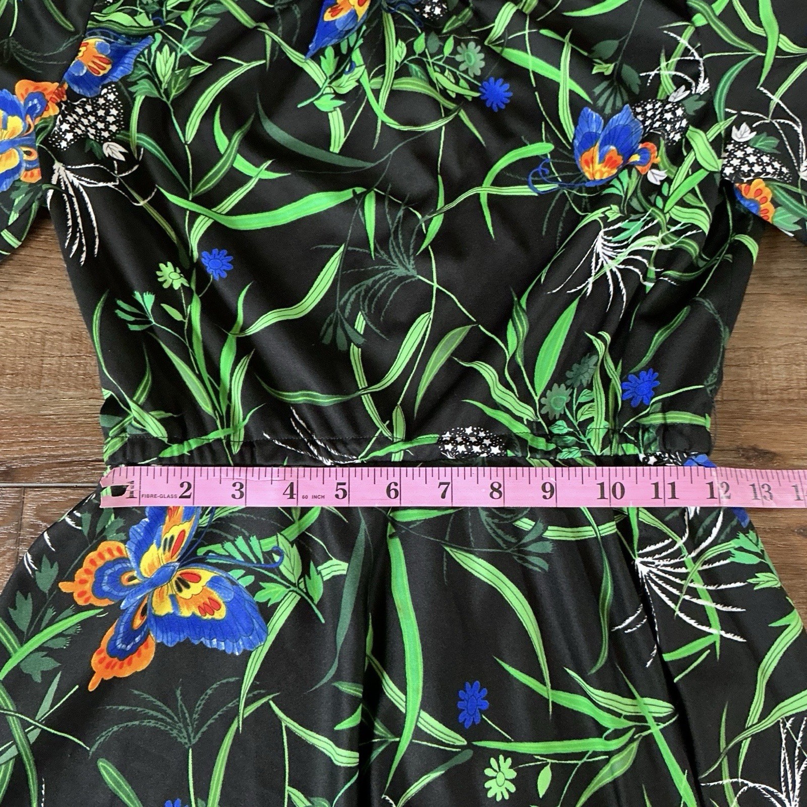 70s VINTAGE Yves Jennet Tropical Floral Midi Dress Size 14 Black Butterfly #6D6