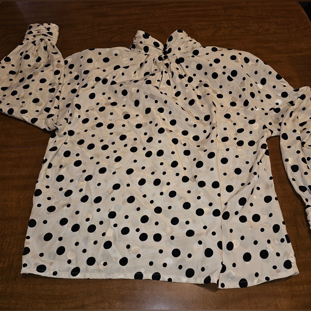 Vintage 80s Polkadot Secretary Blouse Shimmery 13 14 Large Mock Turtleneck D8