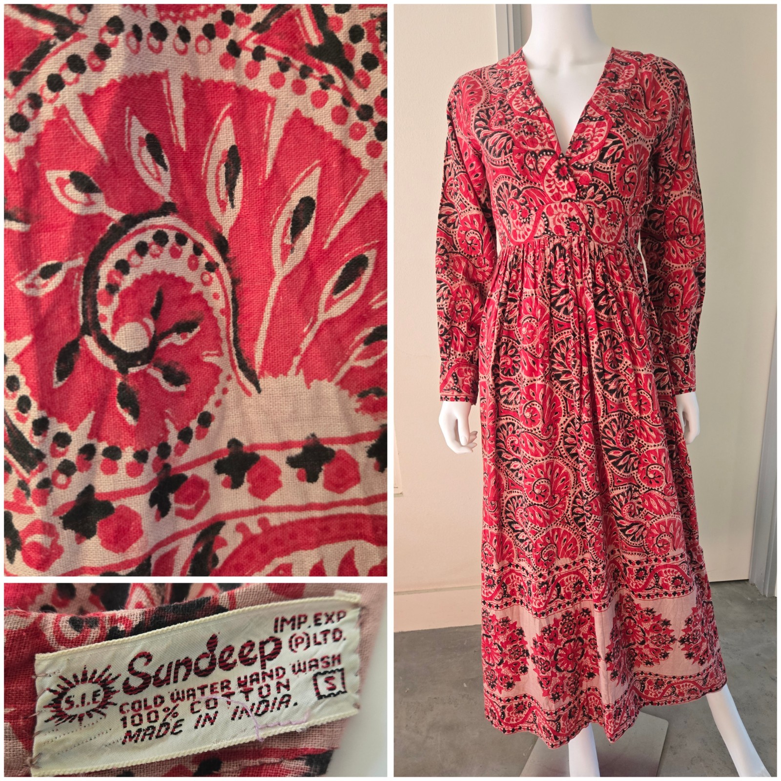 VTG 60s 70s Indian Block Print Dress Cotton Hippie Prairie Cottagecore S Sundeep