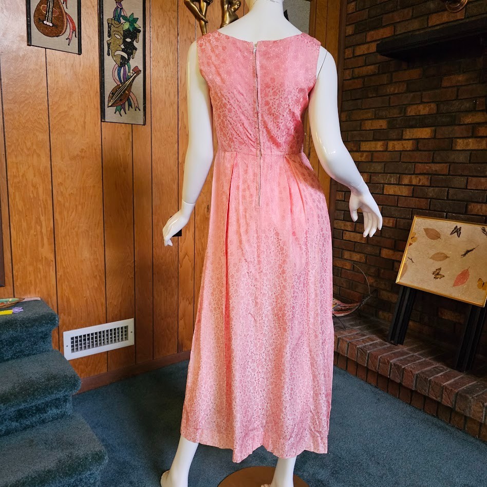 Vtg 60s Pink Brocade Empire Sleeveless Bridesmaid Formal Party Maxi Dress XS/S