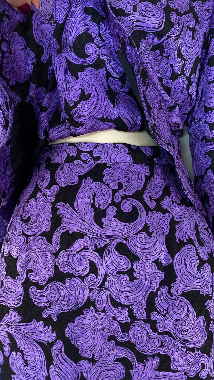 Vintage 1980s silk purple black dress set 1940s Victorian peplum jacket skirt