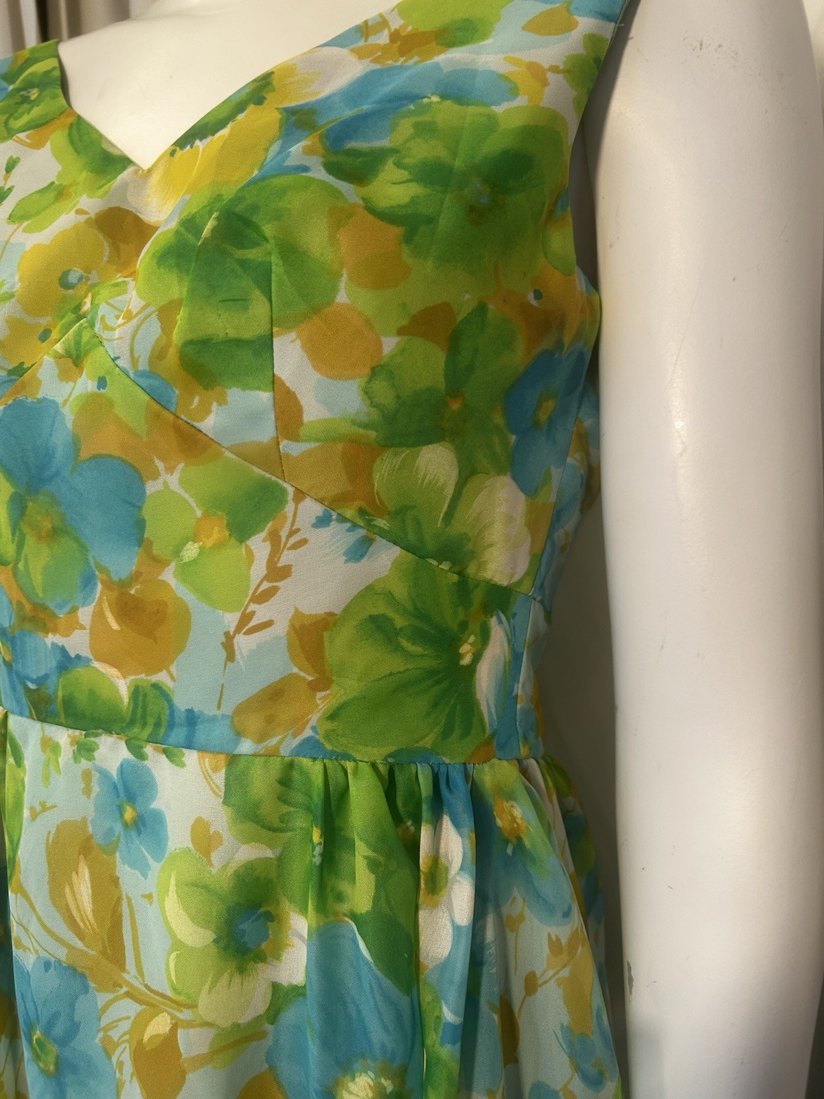 Vtg 60s 70s Goddess Hostess Fairy Floral Watercolor Gauzy Chiffon Maxi Dress