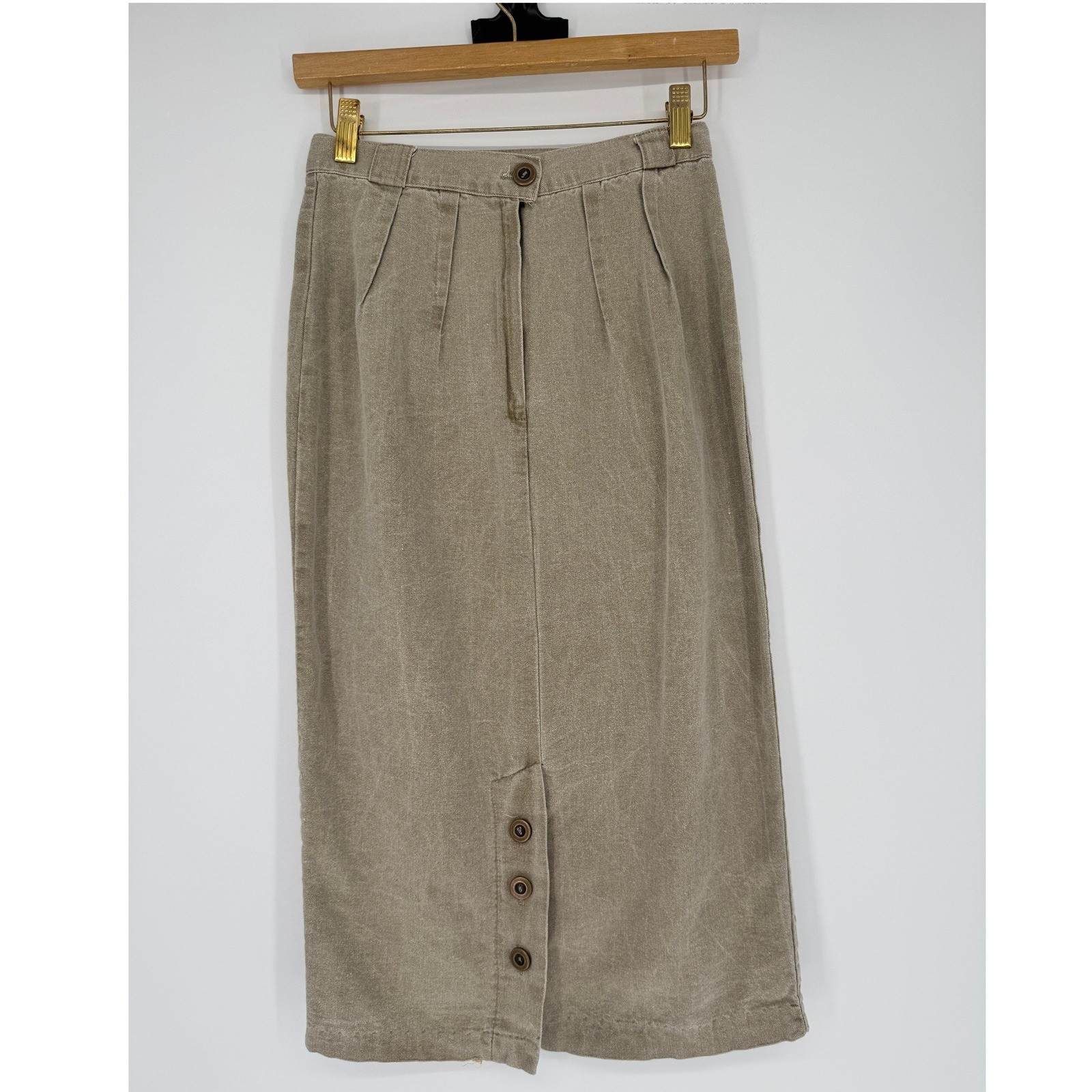 Vintage 90s High Waist Cotton Canvas Midi Skirt S Pleated Coastal Minimalist USA
