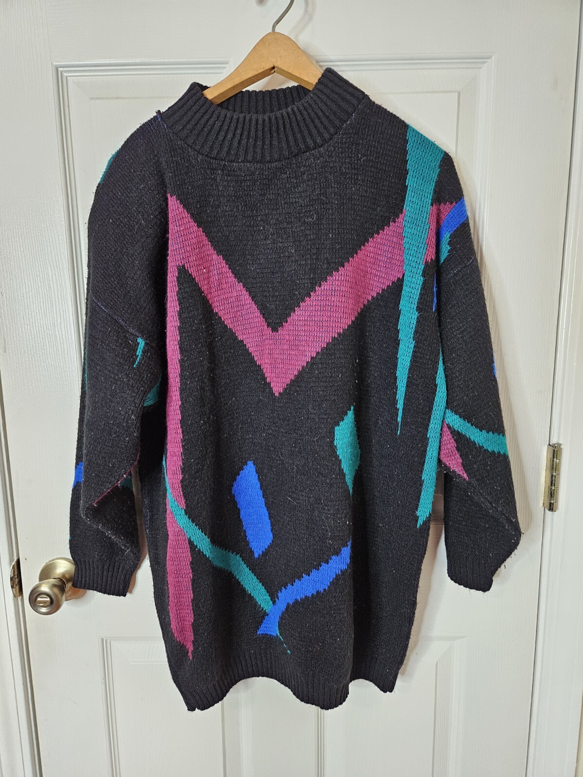 Vintage French Navy Multi Color Knit Ribbed Long Sleeve Sweater Size Large USA