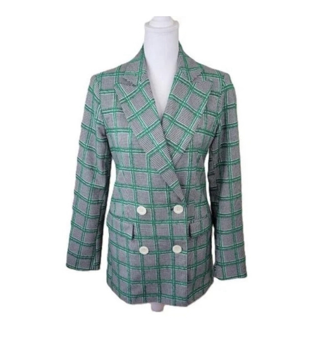 Topshop Green Plaid Double Breasted Blazer Size US 2