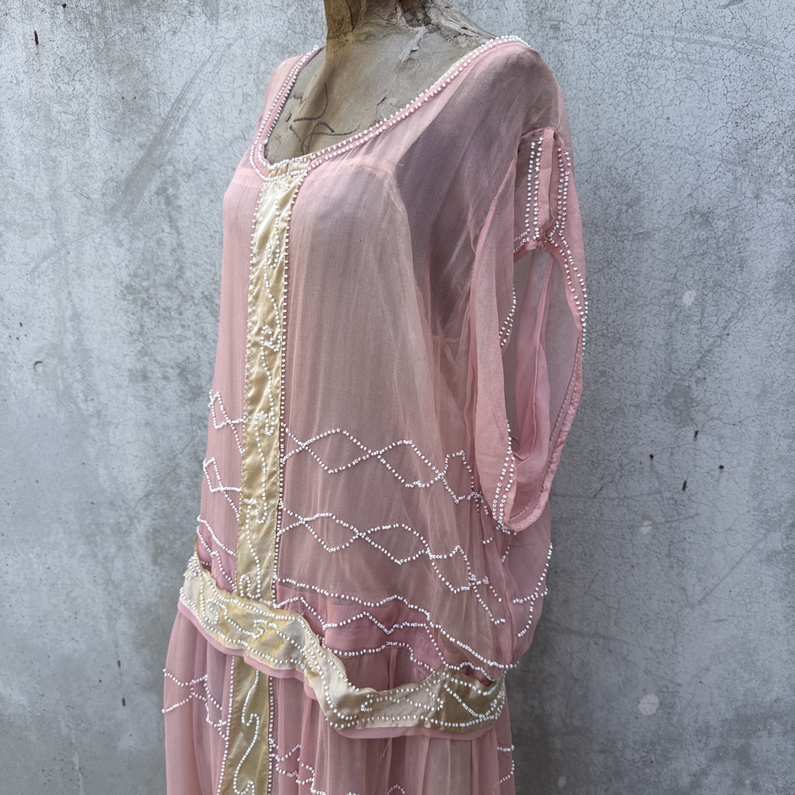 Antique 1920s Pink Silk Chiffon Dress Beaded Waves Oppenheim Collins Vintage
