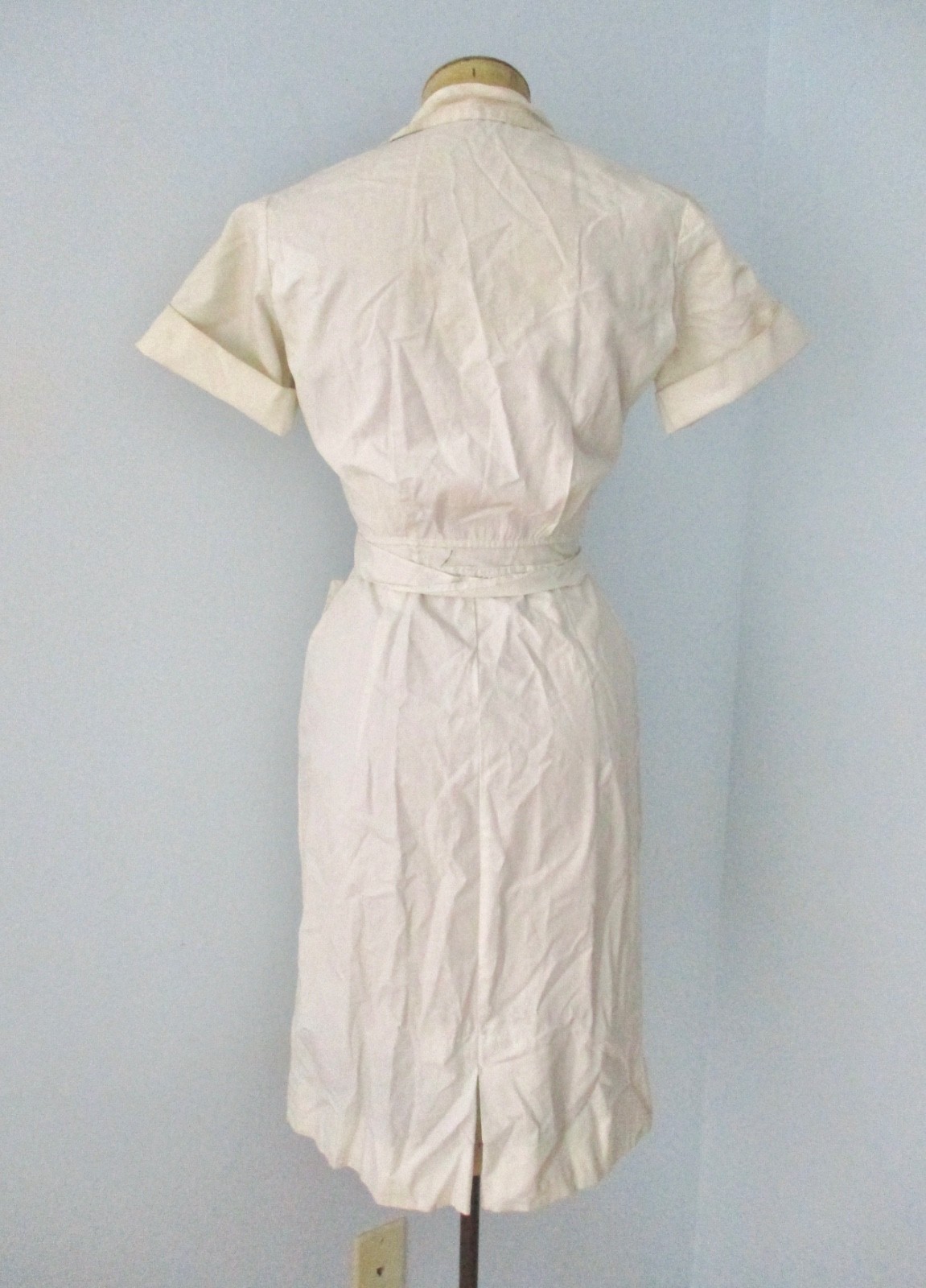 Vtg 40s 50s white cotton nurse uniform dress micro pleat trim snap front S