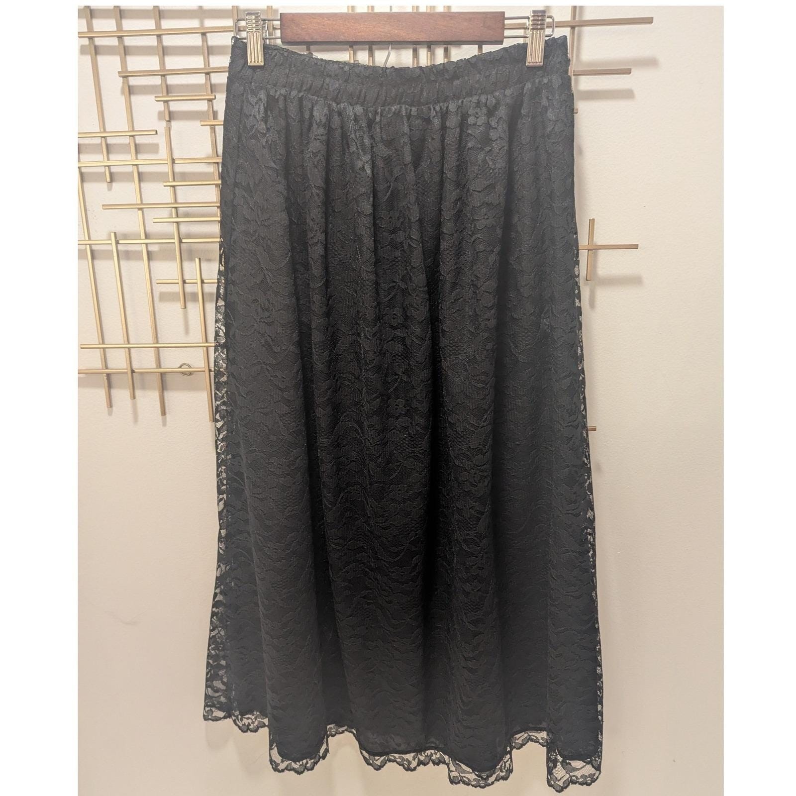 Vtg Maxi Skirt Black Lace Floral Elastic Waist Sz L Whimsigoth Dark Romantic